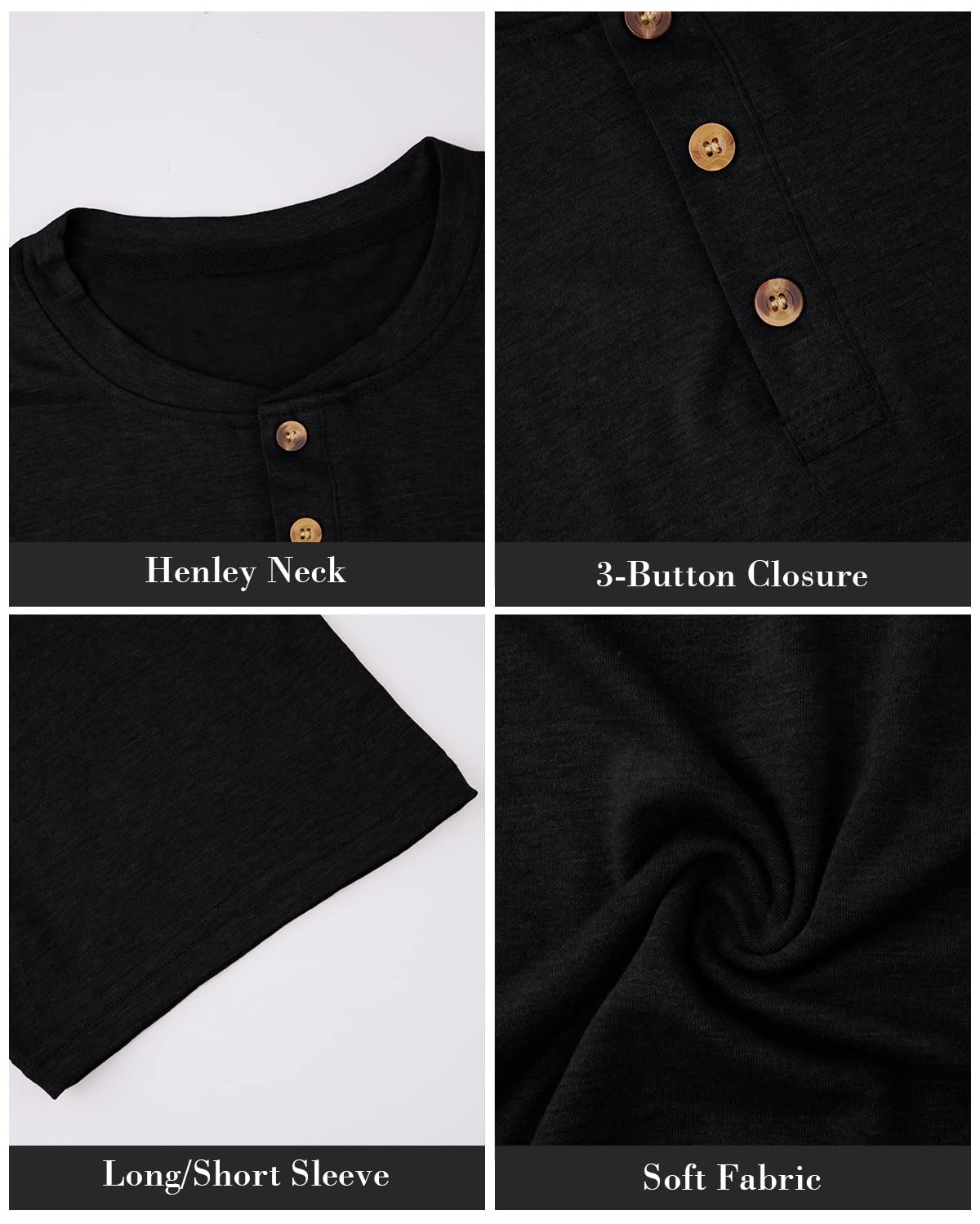 Fashion Mens Henley Shirts Classic Long Sleeve Basic Button Cotton T-Shirt with Pocket Black