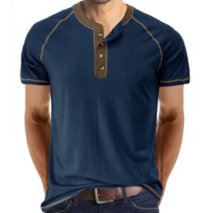 fashion men’s henley shirts casual cotton short sleeve classic solid color t shirts comfort tee top blue