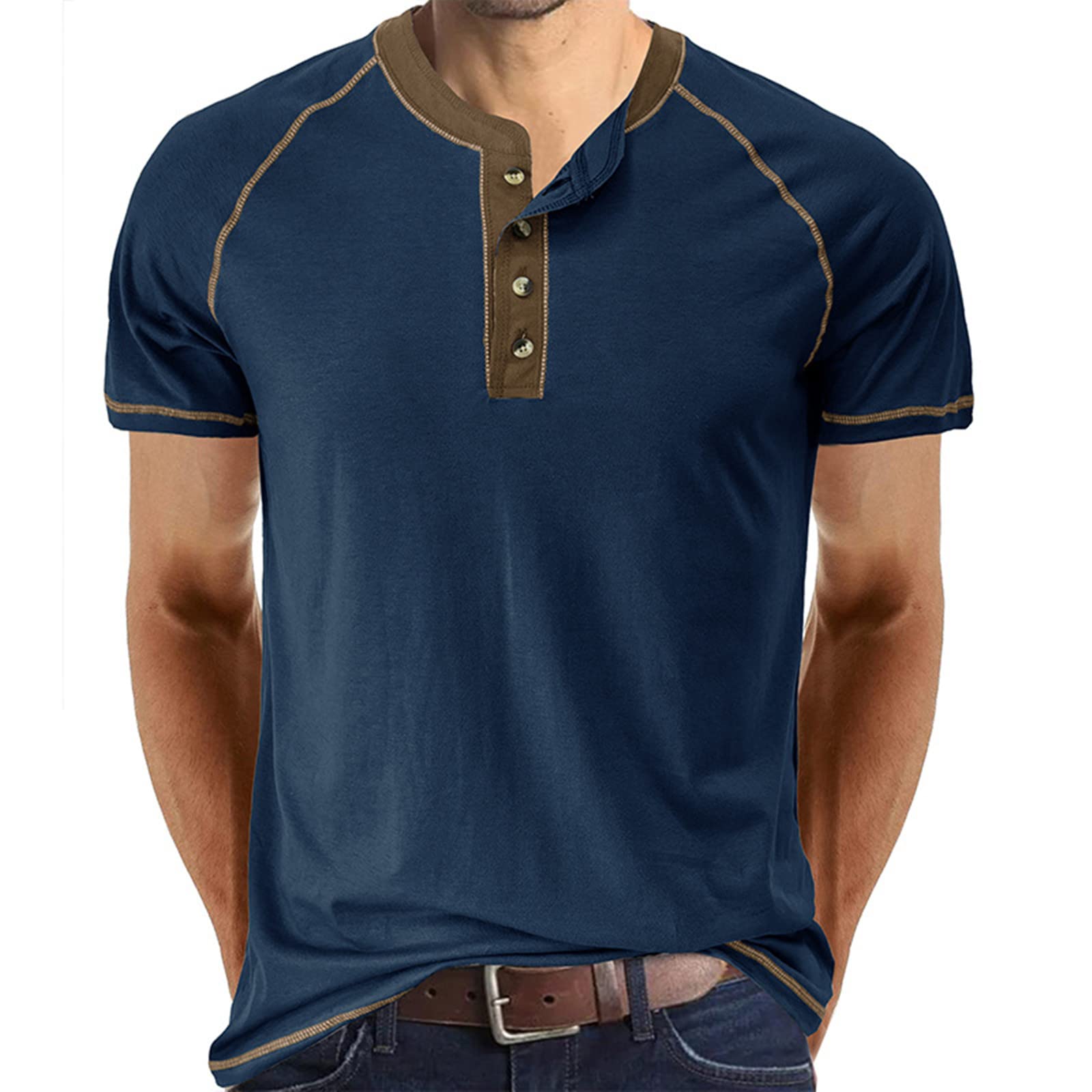 Fashion Men’s Henley Shirts Casual Cotton Short Sleeve Classic Solid Color T Shirts Comfort Tee Top Blue