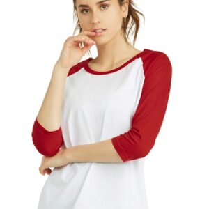 Cottonbell Women's Baseball Quarter Sleeve Tee Shirt (L, White/Red)