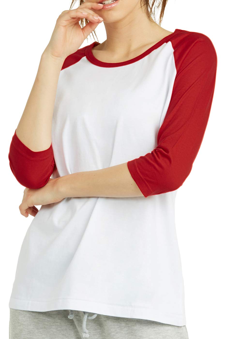 Cottonbell Women's Baseball Quarter Sleeve Tee Shirt (L, White/Red)