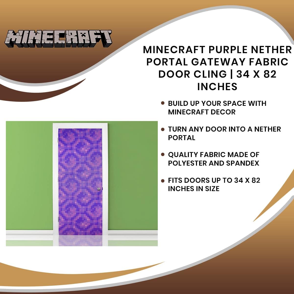 Ukonic Minecraft Purple Nether Portal Gateway Fabric Door Cling | Wall Decorations, Playroom Accessories, Kids Room Essentials Home Decor | Video Game Gifts and Collectibles | 34 x 82 Inches