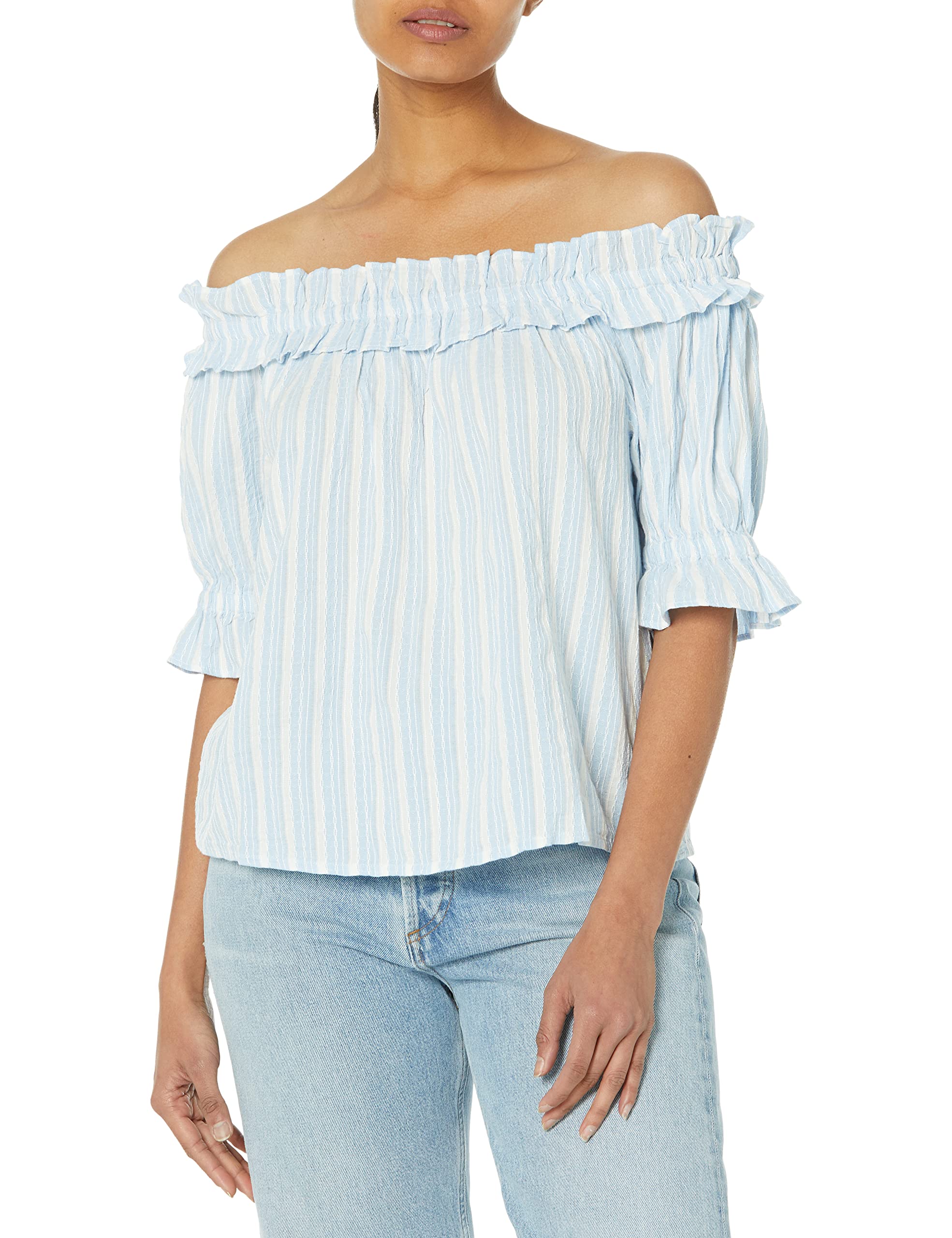 Tommy Hilfiger Women's Stripes Ruffles Off The Shoulder Casual, Blue/White