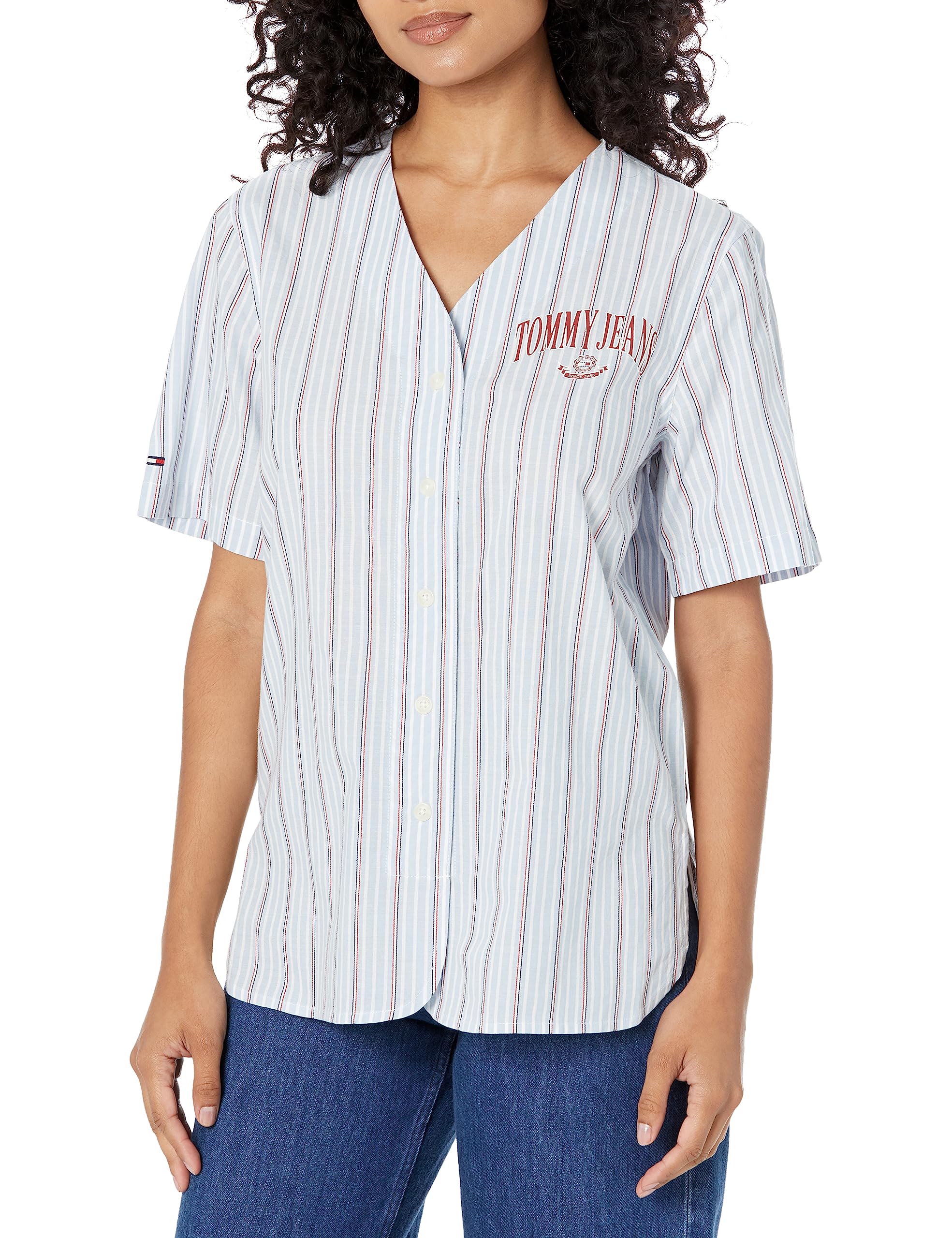 Tommy Hilfiger Women's Woven Baseball Button Up Striped Shirt, Sky Captain, Large