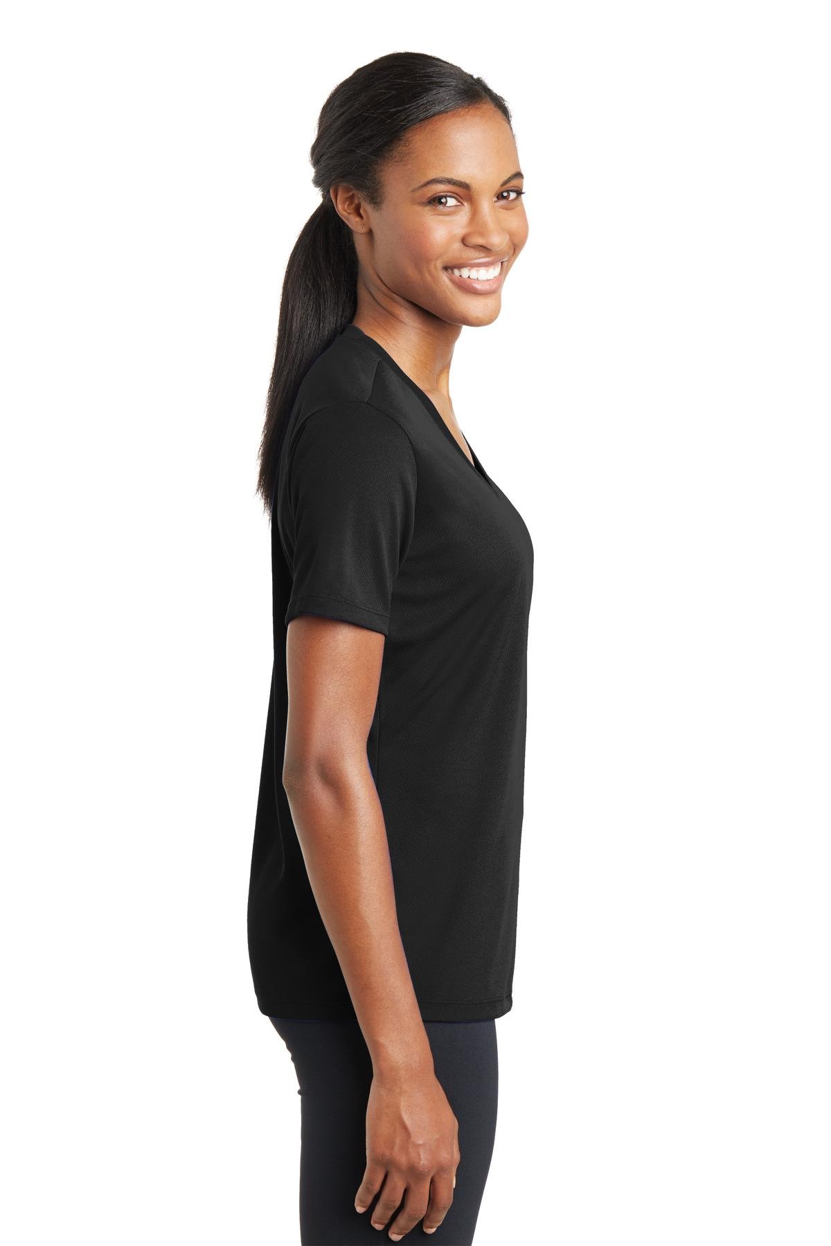 SPORT-TEK Ladies PosiCharge RacerMesh V-Neck Tee. LST340, Black, Large