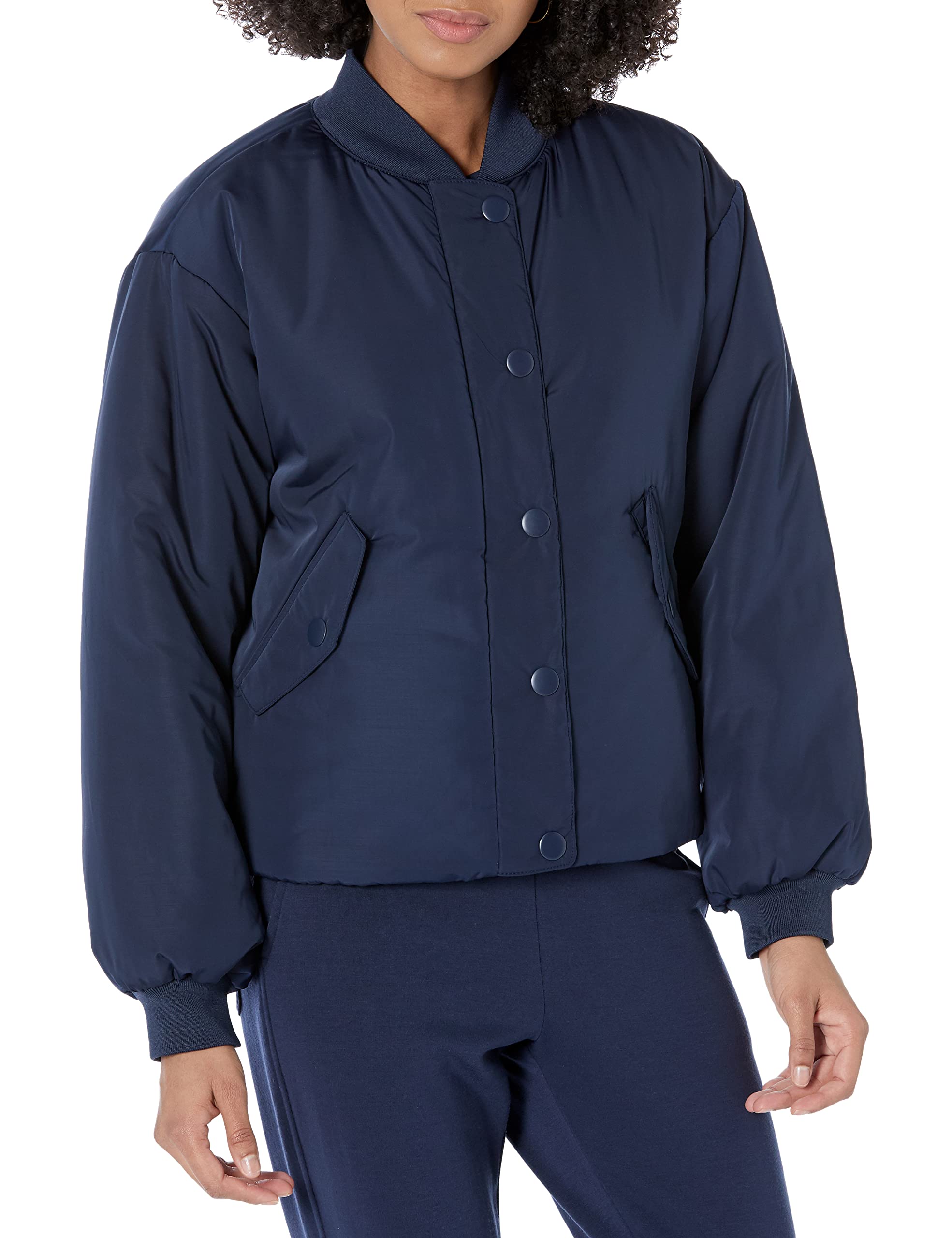 Amazon Essentials Women's Relaxed-Fit Recycled Polyester Padded Cropped Bomber Jacket (Available in Plus Size) (Previously Amazon Aware), Navy, Small