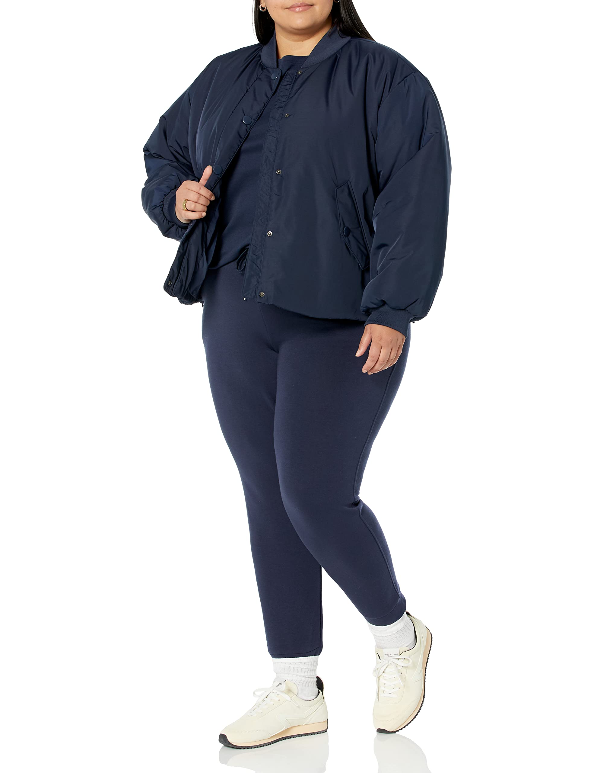 Amazon Essentials Women's Relaxed-Fit Recycled Polyester Padded Cropped Bomber Jacket (Available in Plus Size) (Previously Amazon Aware), Navy, Small