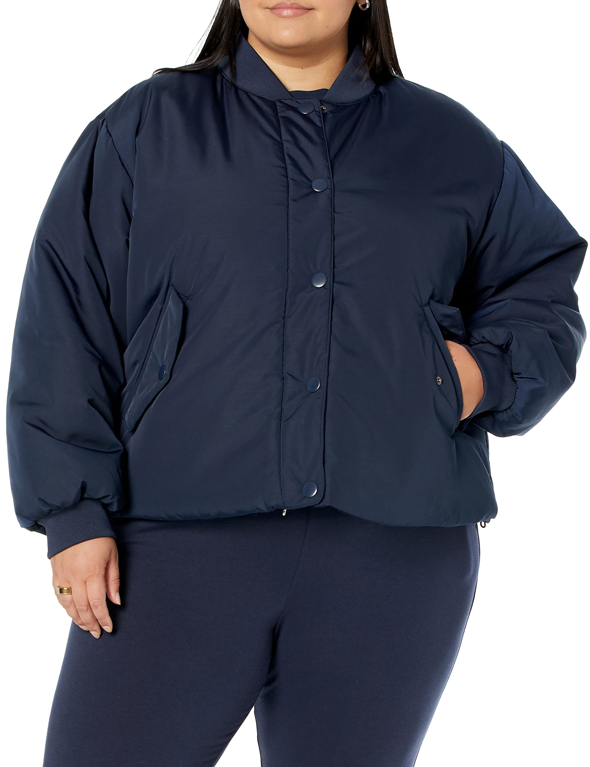 Amazon Essentials Women's Relaxed-Fit Recycled Polyester Padded Cropped Bomber Jacket (Available in Plus Size) (Previously Amazon Aware), Navy, Small