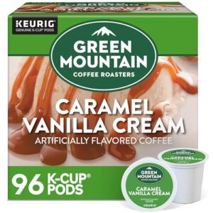 green mountain coffee roasters caramel vanilla cream coffee, keurig single-serve k-cup pods, light roast, 96 count (4 packs of 24)