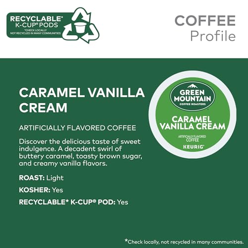 Green Mountain Coffee Roasters Caramel Vanilla Cream Coffee, Keurig Single-Serve K-Cup pods, Light Roast, 96 Count (4 Packs of 24)