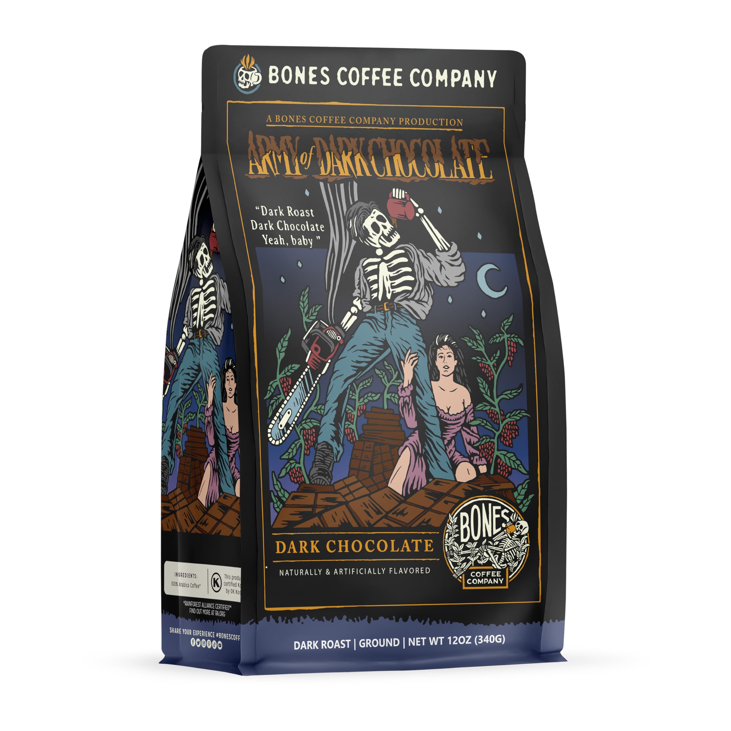 Bones Coffee Company Army Of Dark Chocolate Ground Coffee Beans, Low Acid Flavored Coffee, Made with Arabica Coffee Beans, Dark Roast Gourmet Coffee (12 oz)