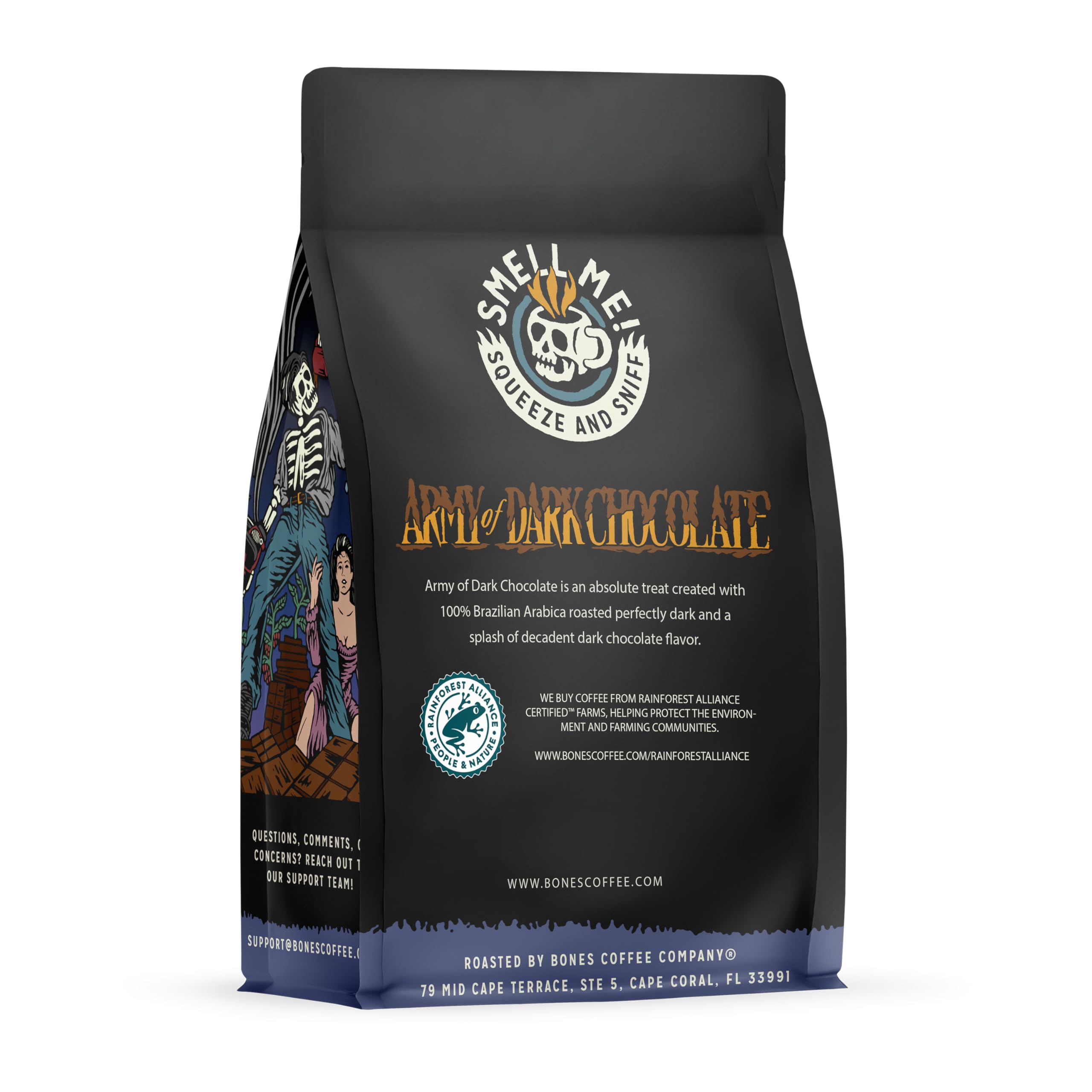 Bones Coffee Company Army Of Dark Chocolate Ground Coffee Beans, Low Acid Flavored Coffee, Made with Arabica Coffee Beans, Dark Roast Gourmet Coffee (12 oz)