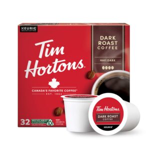 tim hortons dark roast coffee, single-serve k-cup pods compatible with keurig brewers, 32ct k-cups,red