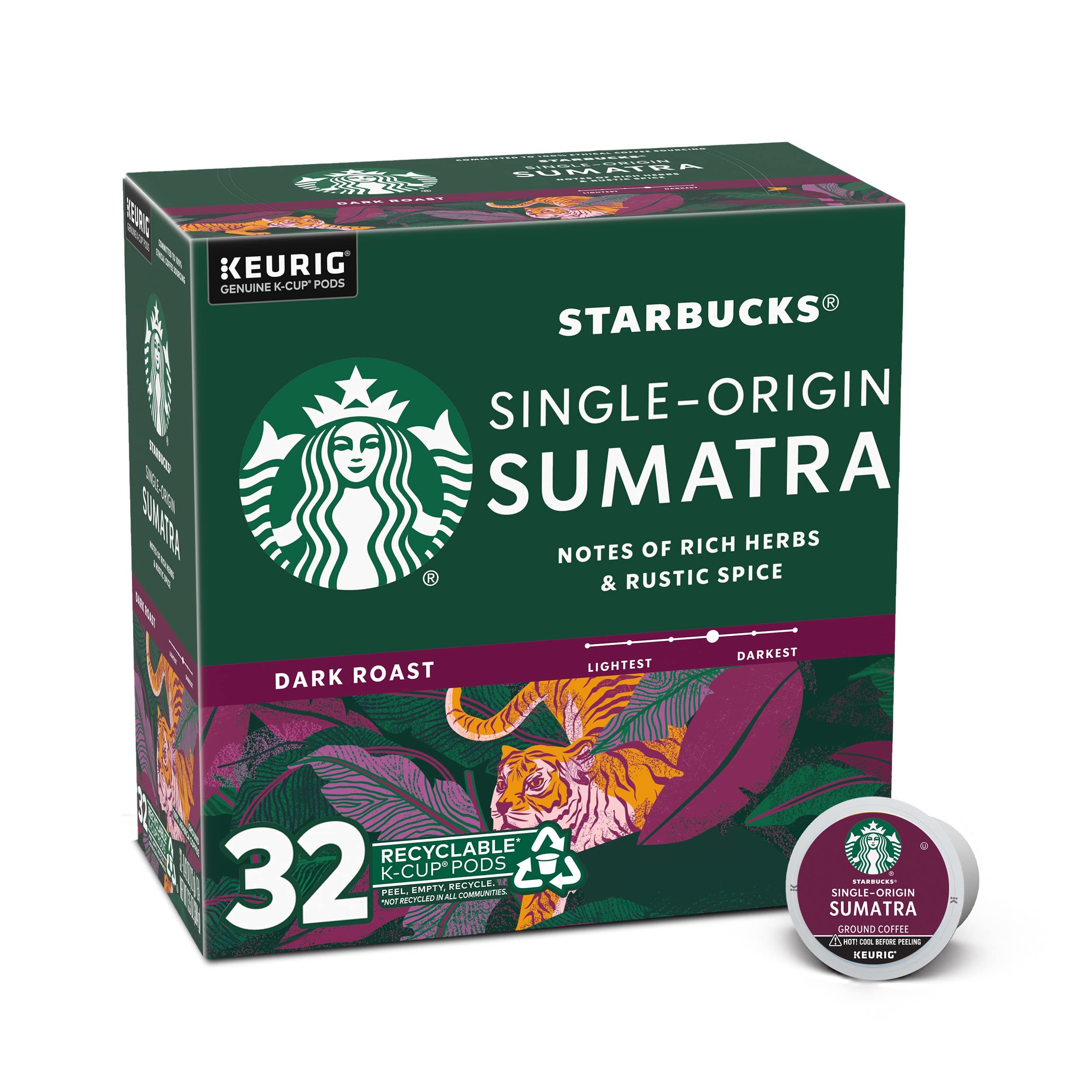 Starbucks K-Cup Coffee Pods, Dark Roast Coffee, Sumatra, 100% Arabica, 1 box (32 pods)