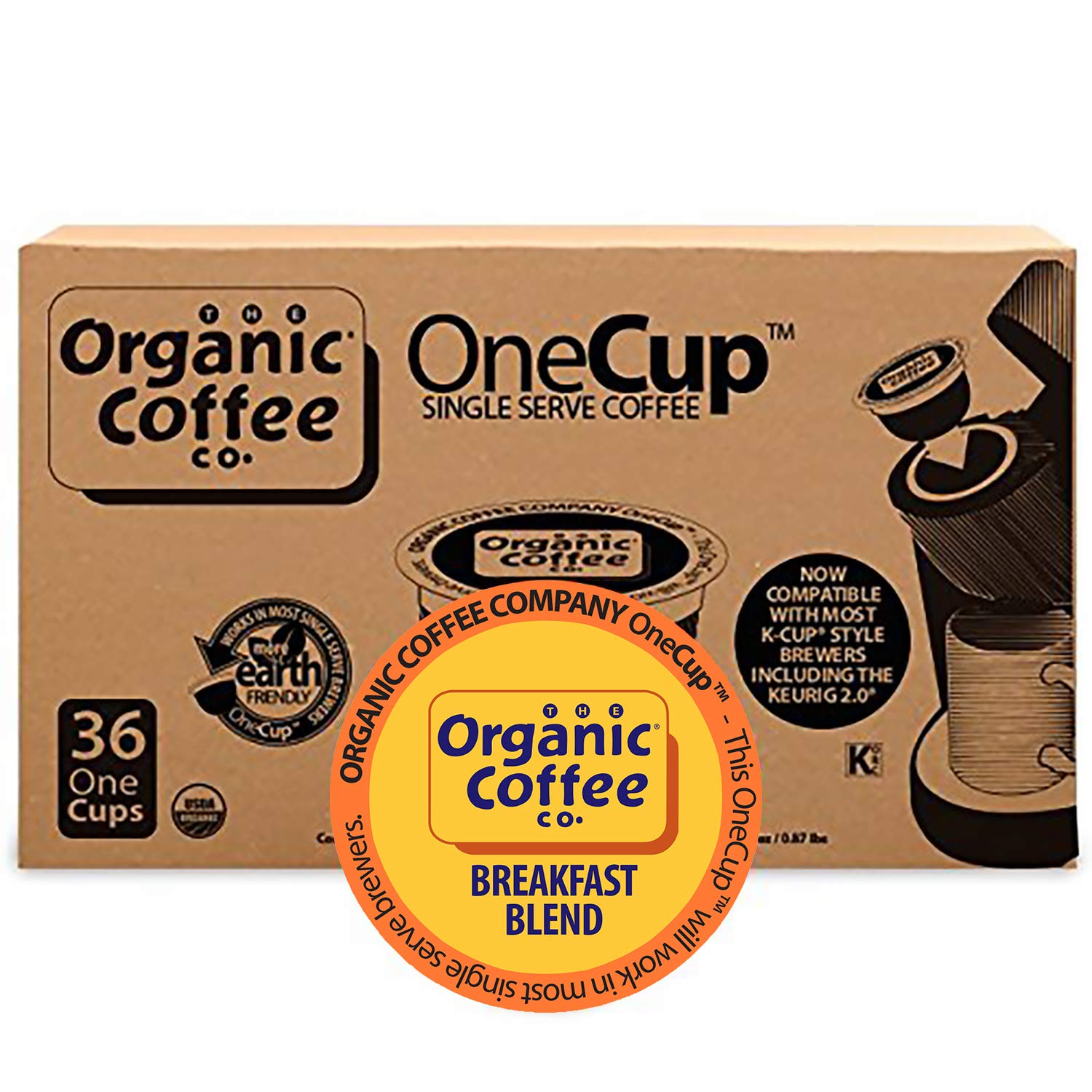 The Organic Coffee Co. Compostable Coffee Pods - Breakfast Blend (36 Ct) K Cup Compatible including Keurig 2.0, Medium Roast, USDA Organic