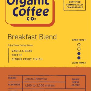 The Organic Coffee Co. Compostable Coffee Pods - Breakfast Blend (36 Ct) K Cup Compatible including Keurig 2.0, Medium Roast, USDA Organic