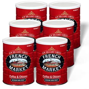 french market coffee & chicory medium-dark roast ground coffee, 12oz can (pack of 6)