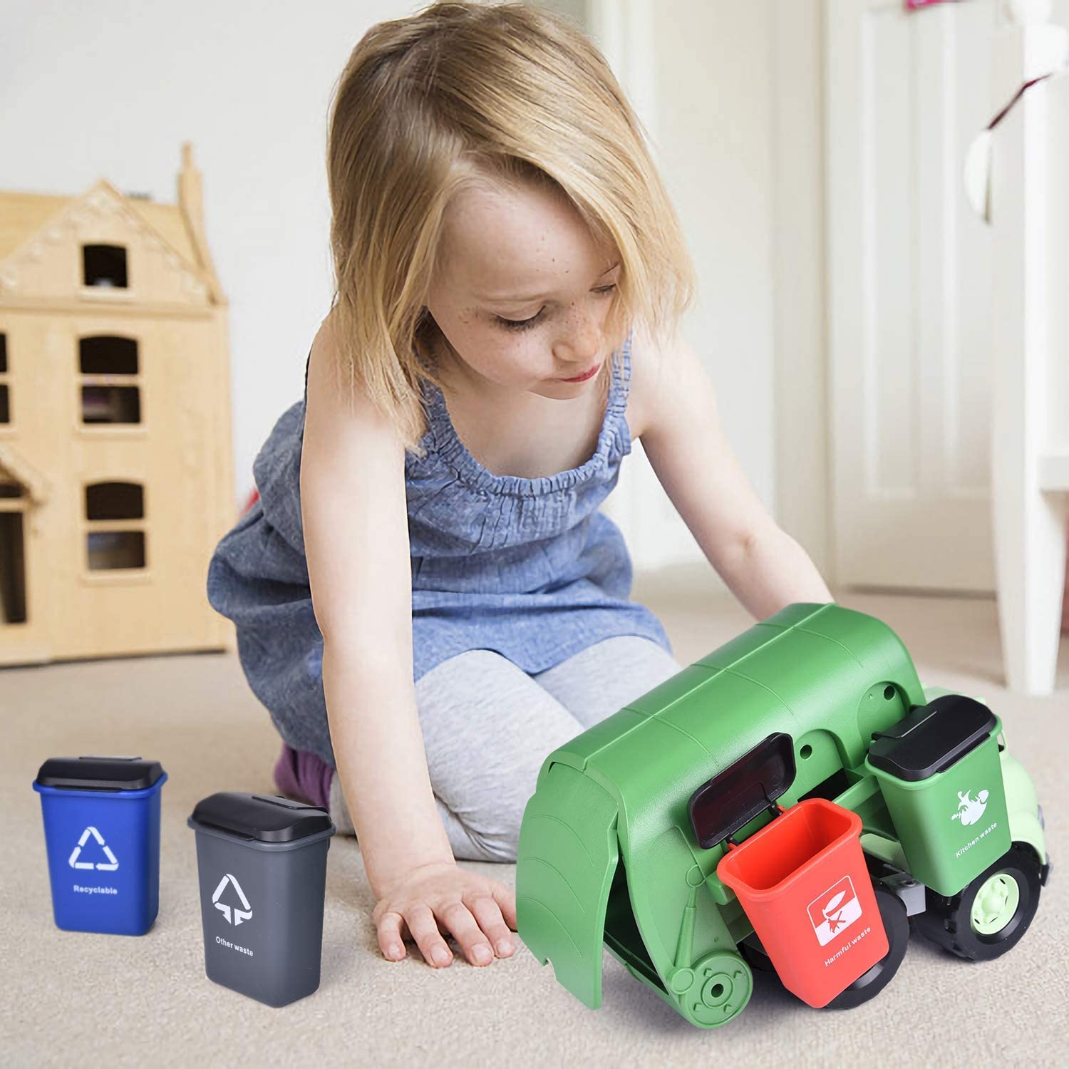 FUN LITTLE TOYS Garbage Truck Toy with 4 Rear Loader Trash Cans and Garbage Illustrated Flash Cards, Waste Management Recycling Truck Toy for Kids