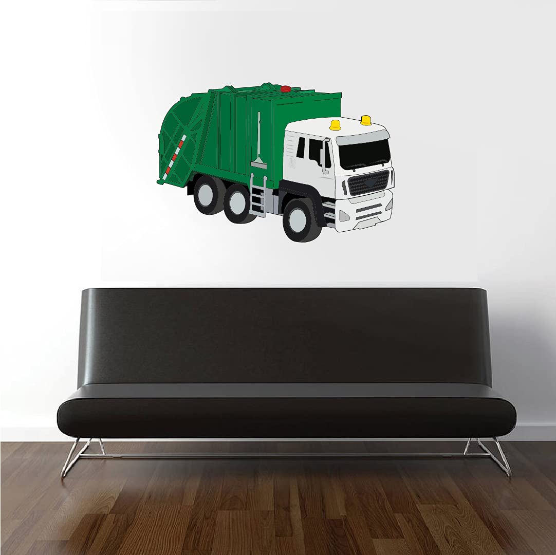 Vinyl Decoration Multicolored Rear Loader Solid Waste Collection Vehicle Design Kids Bedroom Nursery Wall Decal - 18" x 28" Home Living Room Garbage Truck Art Adhesive Wall Decor Sticker