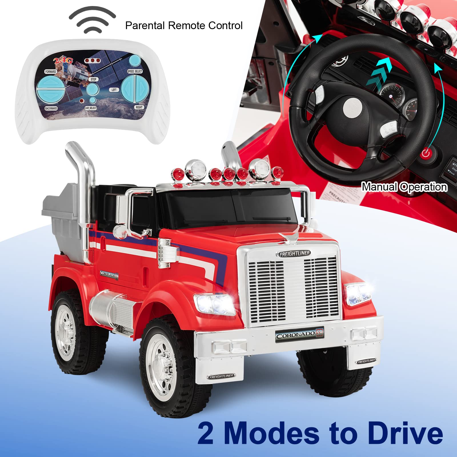 Costzon Electric Car for Kids, 12V Licensed Freightliner Ride on Dump Truck W/Remote Control, Rear Loader, Spring Suspension, Easy-Drag System, MP3 & Music, Gift for Boy Girl, Semi Truck Ride on Car