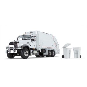 first gear white/white 1/34 scale mack granite mp with mcneilus rear loader and trash carts