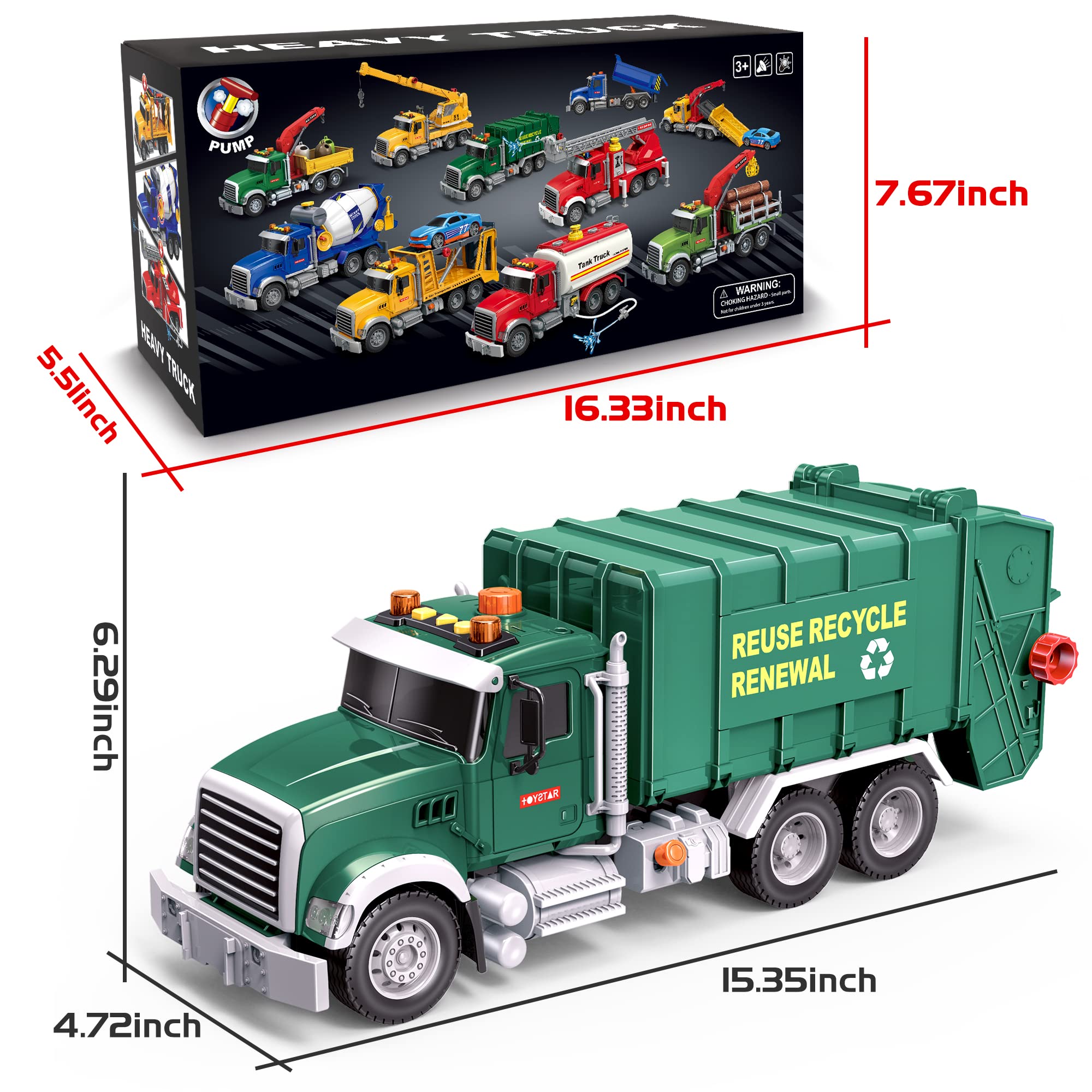 Dwi Dowellin Toddler Toys for 3 + Years Old Boys, 15" Large Garbage Truck Toy,Friction Powered Waste Management Garbage Truck with Lights and Sounds,3 Rear Loader Trash Cans,Kids Gift