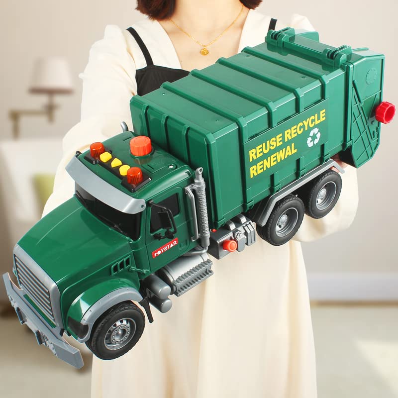 Dwi Dowellin Toddler Toys for 3 + Years Old Boys, 15" Large Garbage Truck Toy,Friction Powered Waste Management Garbage Truck with Lights and Sounds,3 Rear Loader Trash Cans,Kids Gift