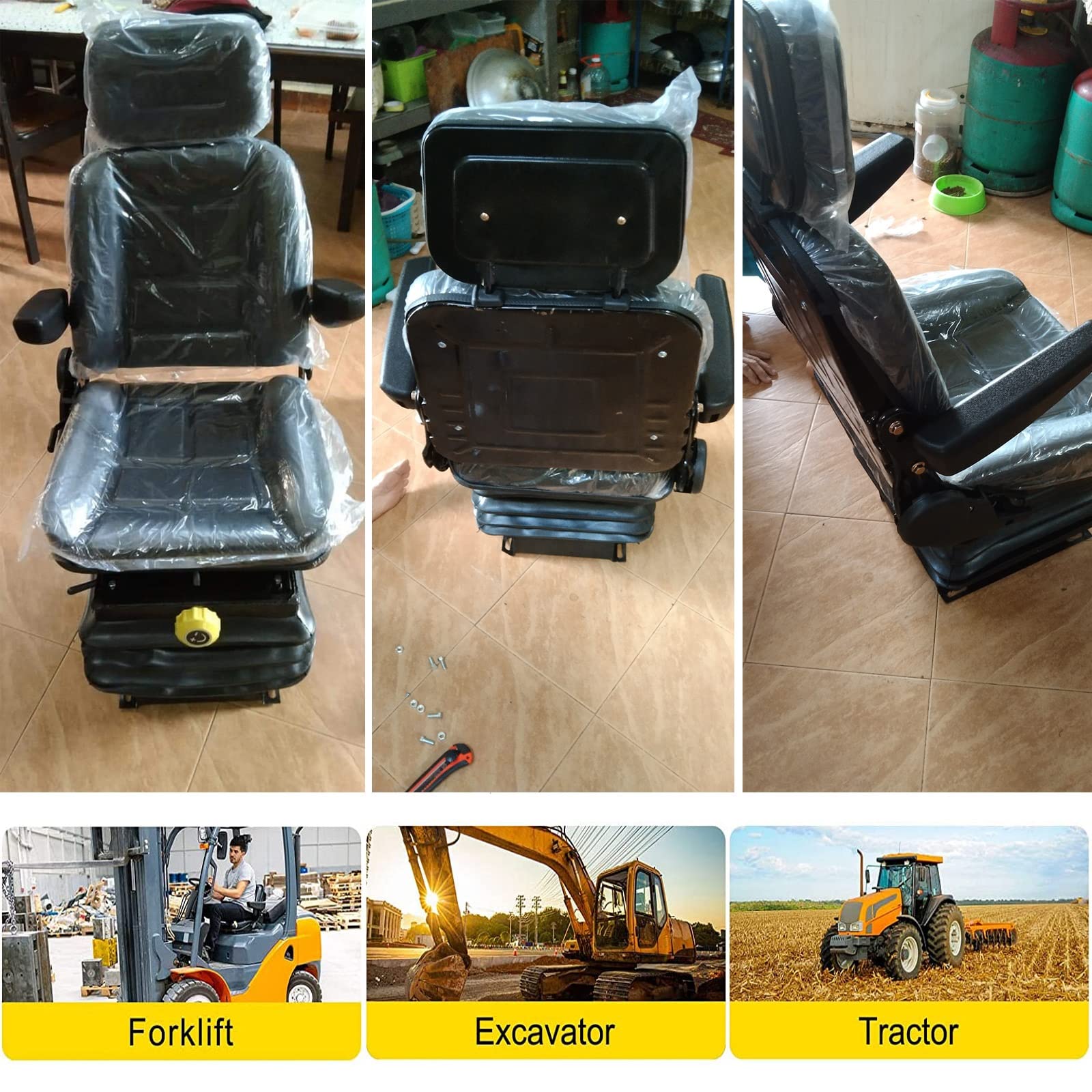 Tractor Suspension Seat, Adjustable Universal Replacement Seat W/Armrest W/Backrest, Compatible with Excavator Skid Loader Dozer Telehandler