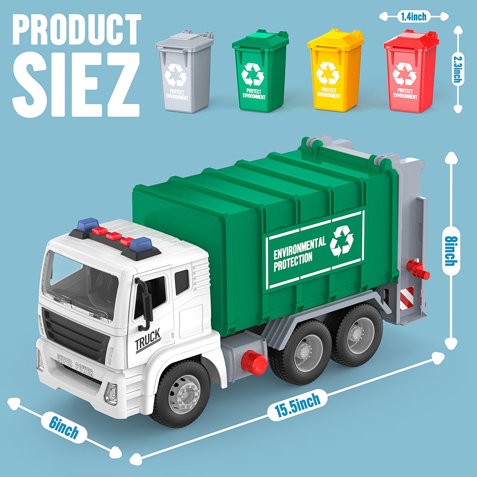 Moritakk 15.5" Large Garbage Truck Toys for 3 4 5 6 7 8 Year Old Boys,Back Dump Garbage Recycling Garbage Truck Toy with 4 Rear Loader Trash Cans,Christmas Birthday Sound Gift for Kids 3+