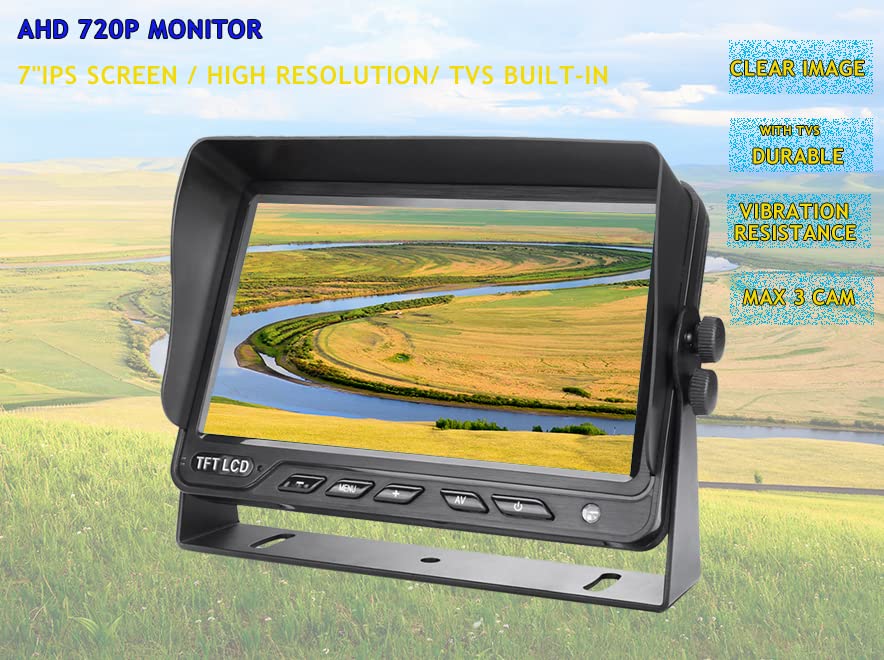 Rear View Backup Camera System Reversing Kit AHD 720P Wired 7" LCD Monitor,Night Vision,IP69K Waterproof Camera for Tractor/Motorhome/Bulldozer/Camper/Van/Heavy Equipment/Forklift/Skid Loader