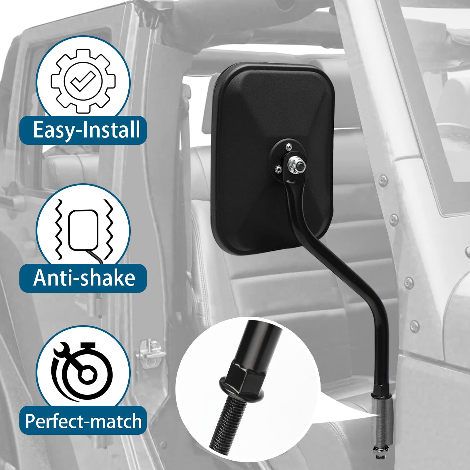 BETOOLL Doors Off Mirrors Compatible with Jeep Wrangler JK CJ JKU LJ JL & Unlimited - Door Hinge Side Mirrors compatible with Jeep - Side Rear View Mirrors for Doors Off Driving