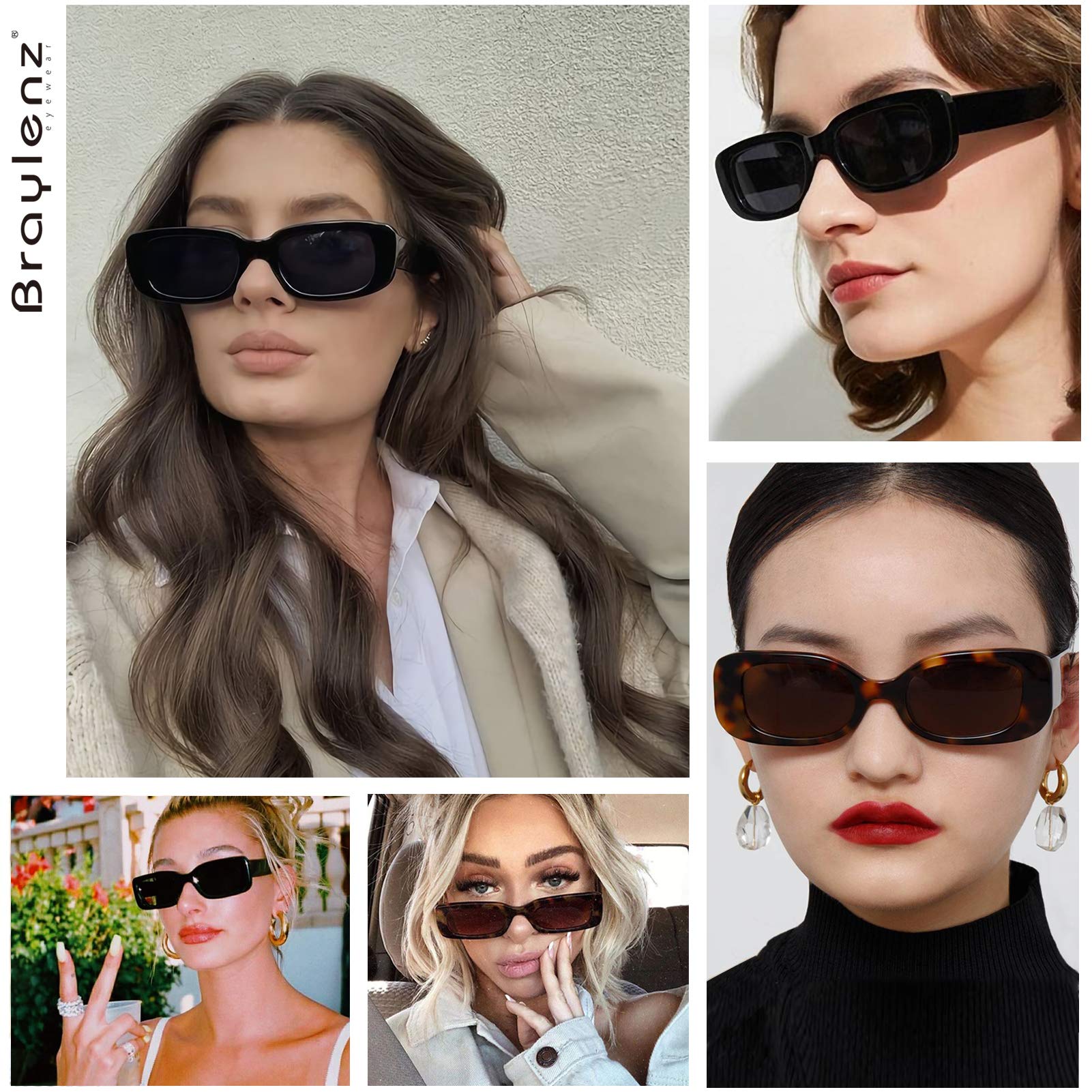 2 Pack Trendy Rectangle Sunglasses for Women Narrow Square Frame Shade 100% UV Blocking (White + Black)