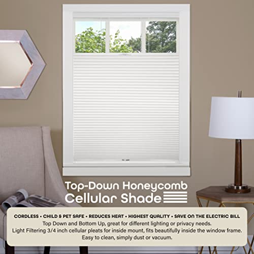 Cordless Cellular Pleated Window Shades - 35 Inch Width, 64 Inch Length - White - Light Filtering Top-Down Honeycomb Pull Down Blinds for Windows and Skylights by Achim Home Decor