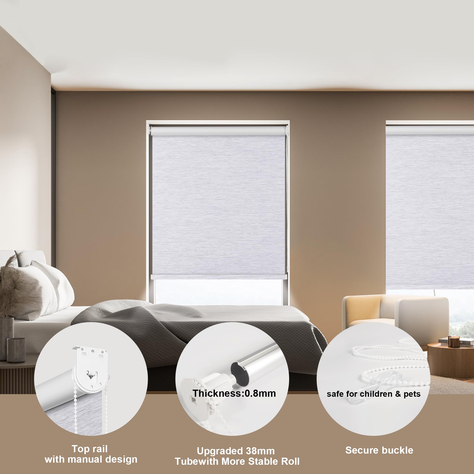 Boolegon Blackout Roller Shades for Windows, Jacquard Fabrics Pull Down Room Darkening Roller Window Shades for Home, Easy Install UV Protect Roller Blinds Living Room Bedroom,White,62" W x 90" H