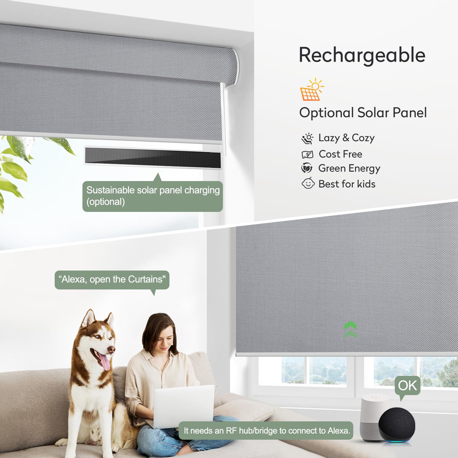 Motorized Blinds with Remote (23-95 inches) Window Roller Shade Wireless Rechargeable Motor Popular Sunshine Fabric for Office and Home Customize Size (Full Blackout Grey)