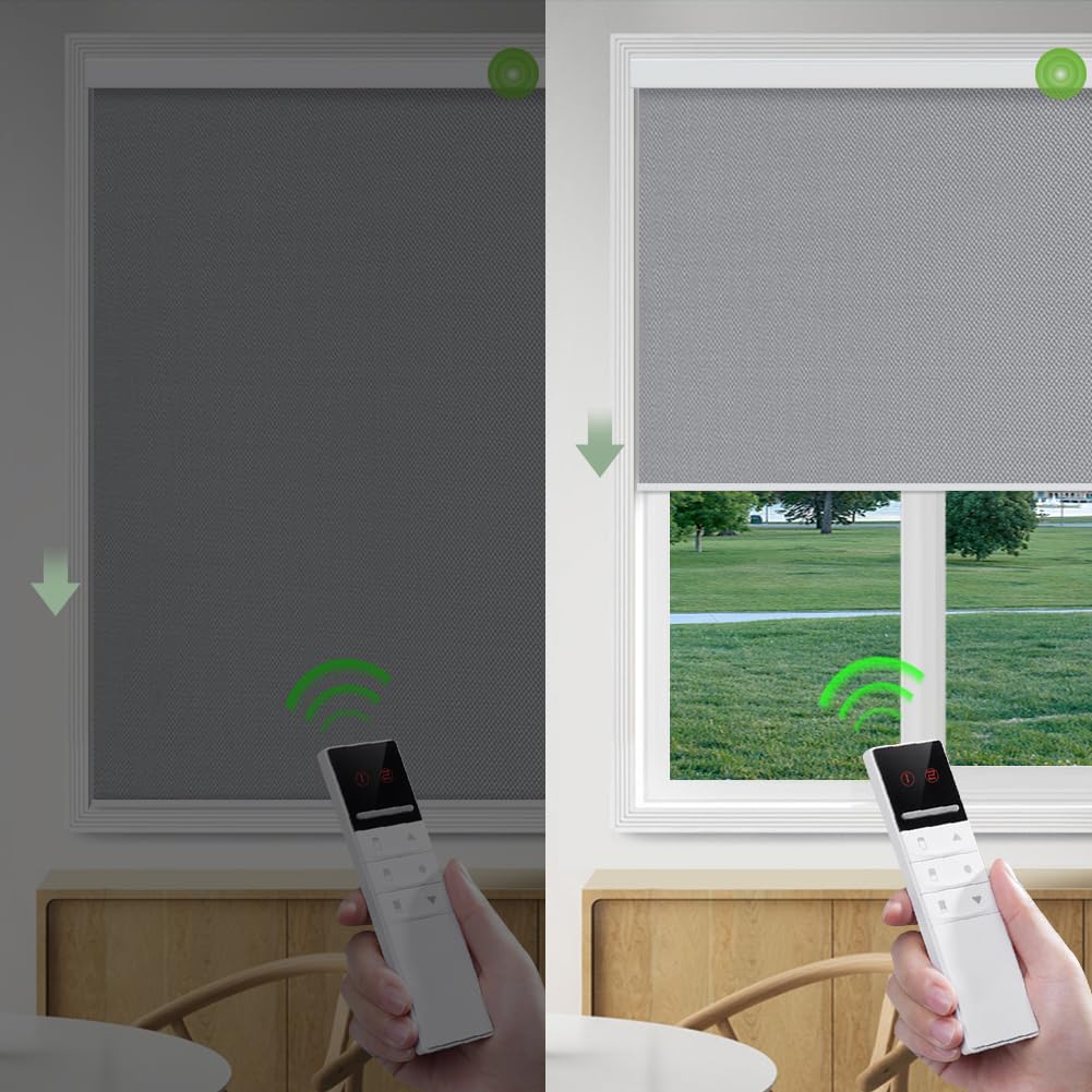 Motorized Blinds with Remote (23-95 inches) Window Roller Shade Wireless Rechargeable Motor Popular Sunshine Fabric for Office and Home Customize Size (Full Blackout Grey)