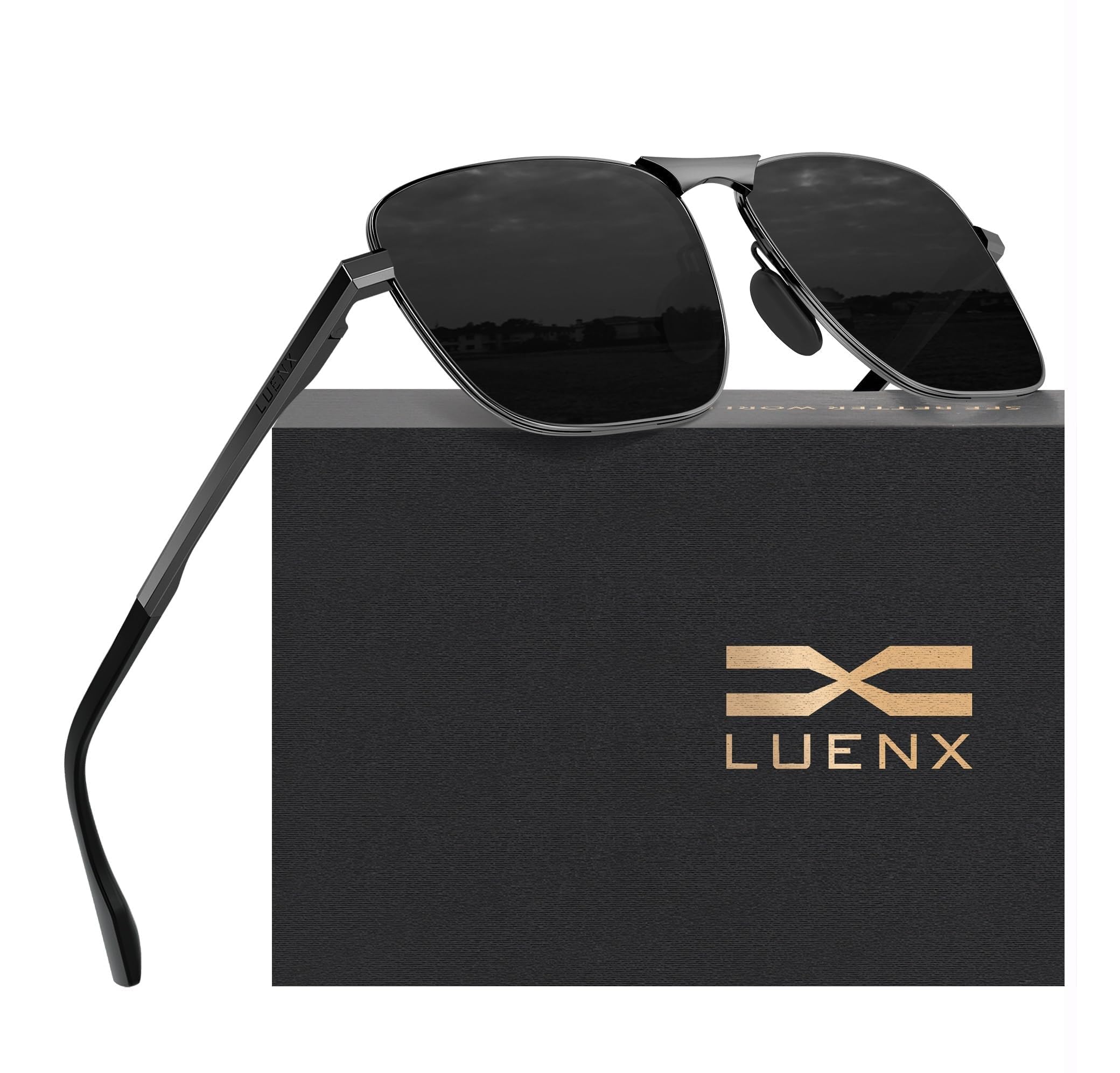 LUENX Men Rectangular Polarized Sunglasses Square Retro Shades - Black Lens Gunmetal Frame 59mm