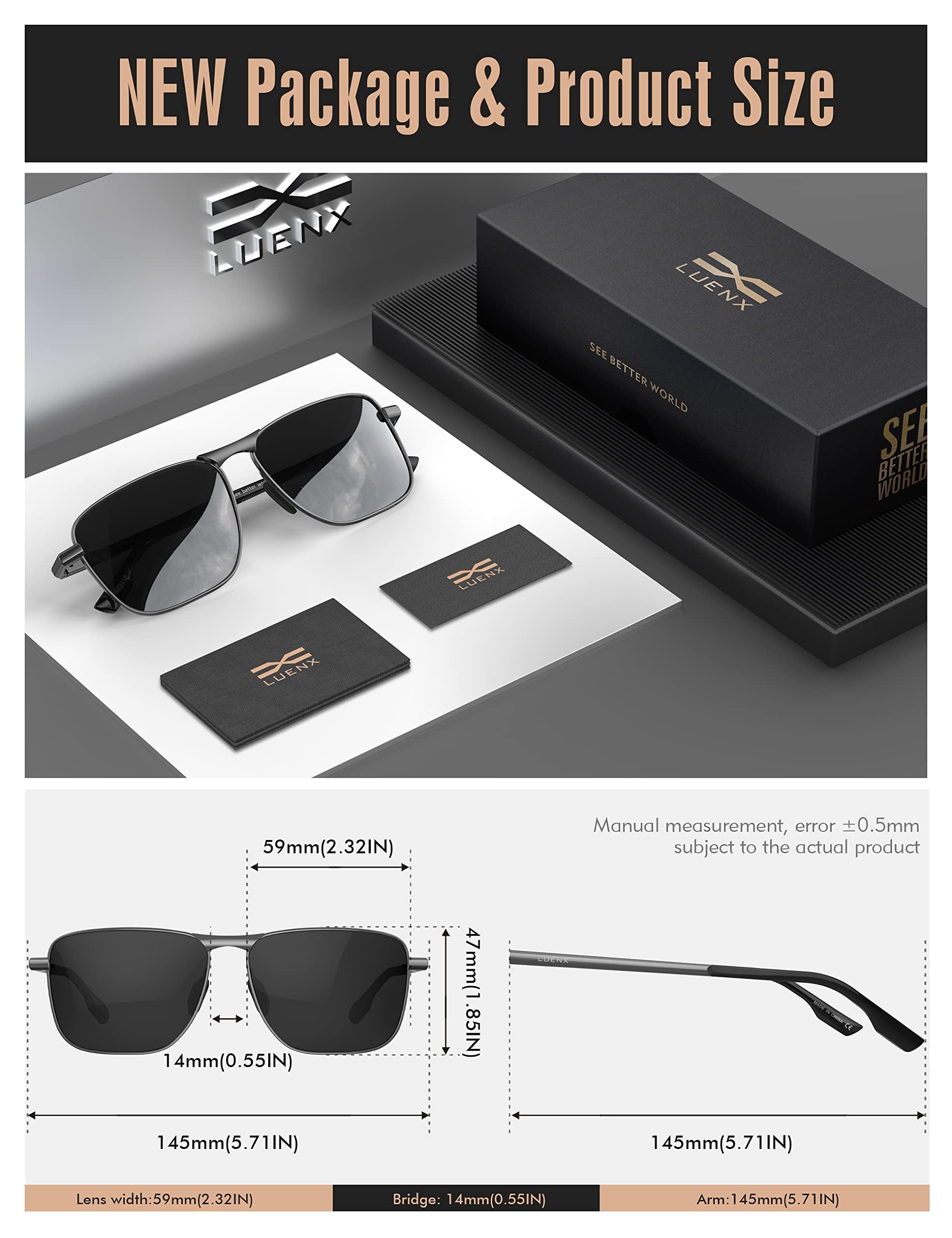 LUENX Men Rectangular Polarized Sunglasses Square Retro Shades - Black Lens Gunmetal Frame 59mm