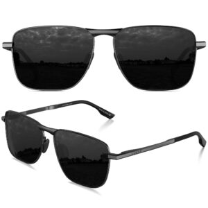 LUENX Men Rectangular Polarized Sunglasses Square Retro Shades - Black Lens Gunmetal Frame 59mm