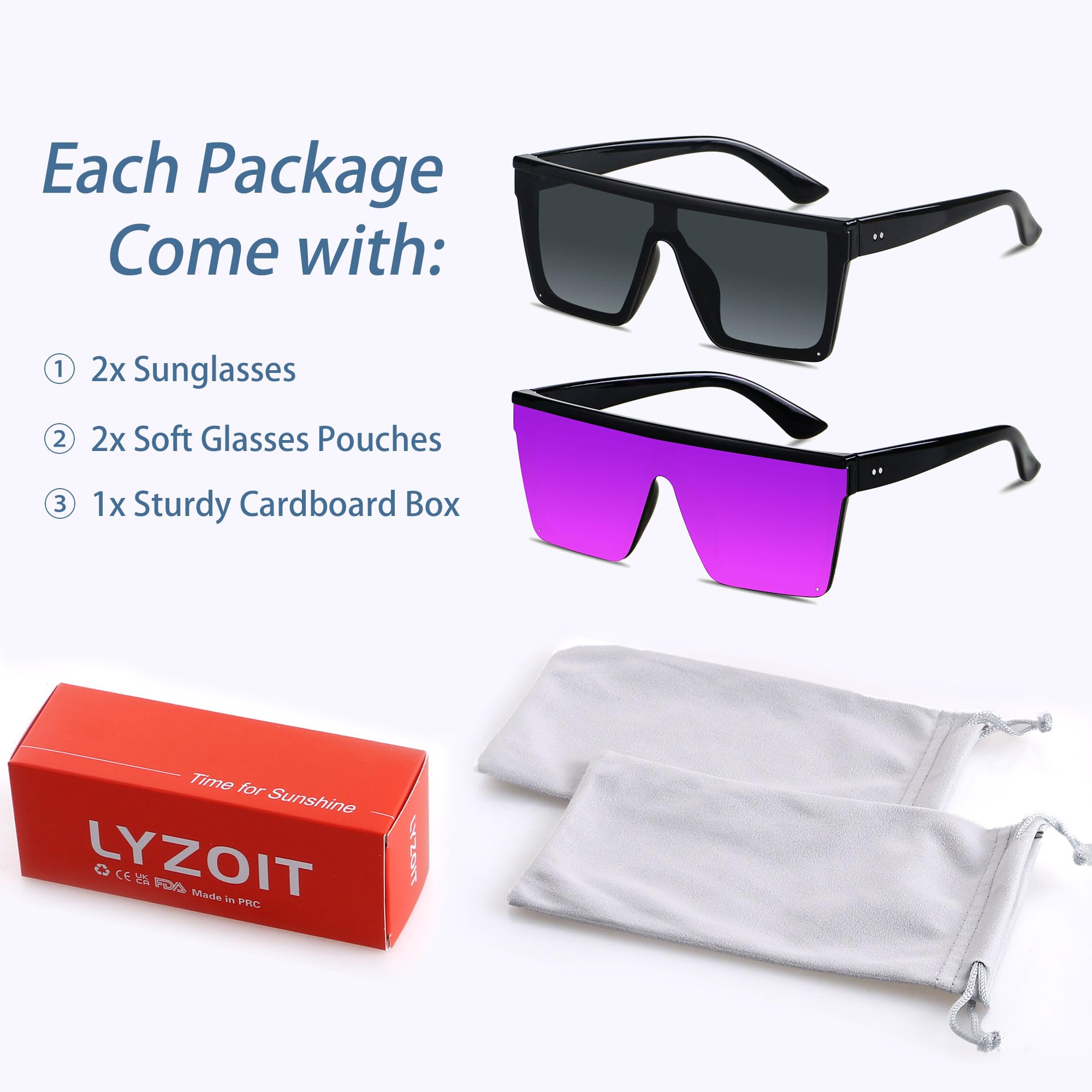 LYZOIT Square Oversized Sunglasses for Women Men Big Flat Top Fashion Shield Large UV Protection Shades Mirrored Purple Sun glasses