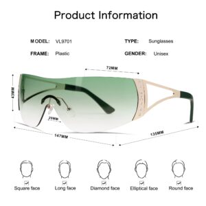 VANLINKER Wrap Around Y2K Sunglasses for Women Men Trendy Oversized Futuristic Sun Glasses Fashion Shield Flat Top Shades Green Frame Green Lens With Rhinestones