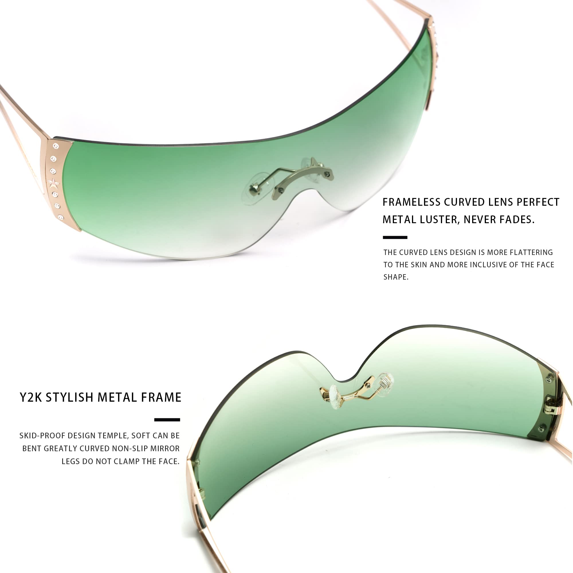 VANLINKER Wrap Around Y2K Sunglasses for Women Men Trendy Oversized Futuristic Sun Glasses Fashion Shield Flat Top Shades Green Frame Green Lens With Rhinestones