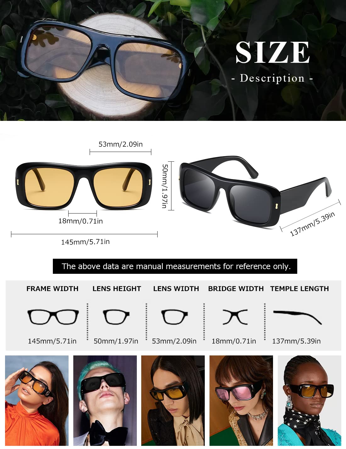 kimorn Sunglasses for Women Men Trendy Retro Fashion Sun Glasses 90’s Vintage Y2K Oversize Square Frame Shades K1337 (Black Yellow+Black Grey)