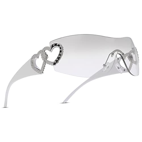 Pro Acme Y2K Rimless Sunglasses Womens Wrap Around Star 2000s Trendy Visor Shield Shades Oversized Fashion Frameless Glasses UV400(White/Gradient Silver)