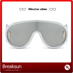 Breaksun Fashion Wave Mask Sunglasses for Women Men Oversized Silver Mirrored Futuristic Shield Sun Glasses Designer Style (Silver/Silver Mirror)