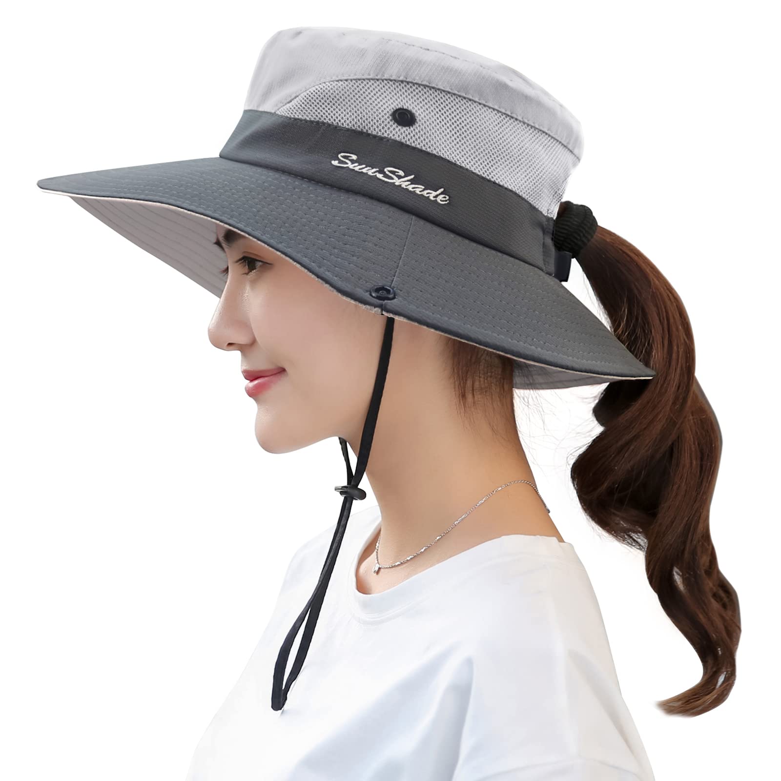 Muryobao Women's Sun Hat Outdoor UV Protection Foldable Mesh Bucket Hat Wide Brim Summer Beach Fishing Cap Light Grey