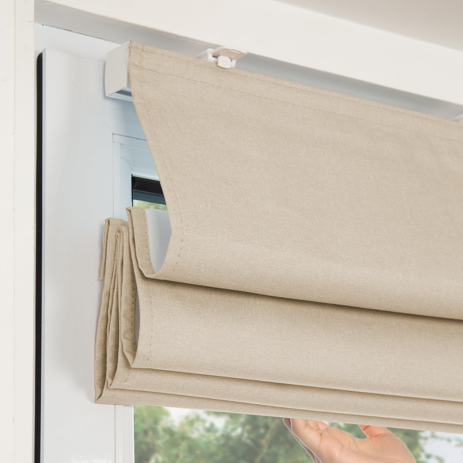 Cresmar Cordless Roman Shades Blackout Fabric Beige 23W x 64H, Window Blinds and Room Darkening Shades, Thermal Insulated, Easy to Pull Down