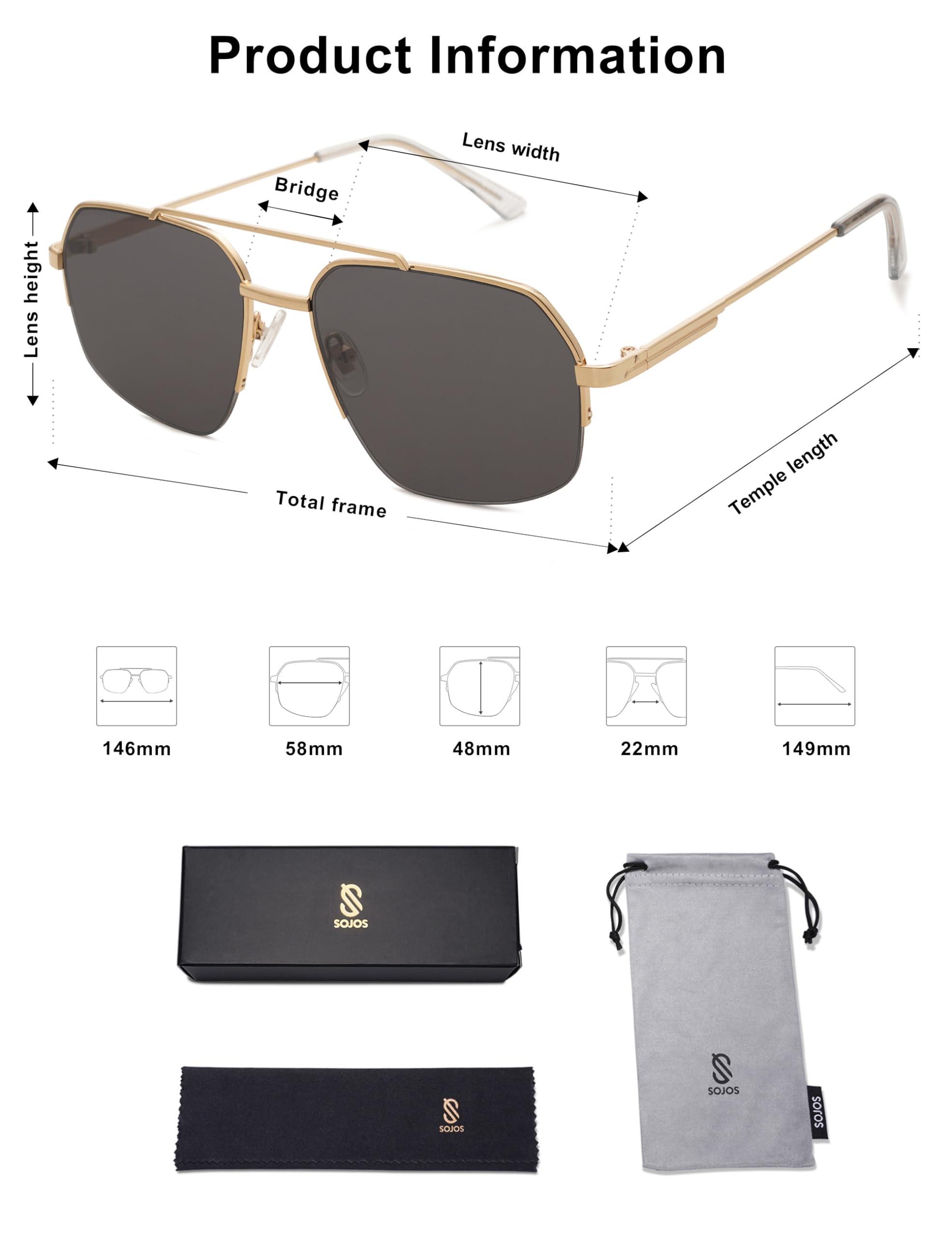 SOJOS Trendy Aviator Sunglasses Mens Womens Retro Double Bridge Metal Frame Semi-Rimless Shades Lentes De Sol Para Mujer SJ1191 Gold