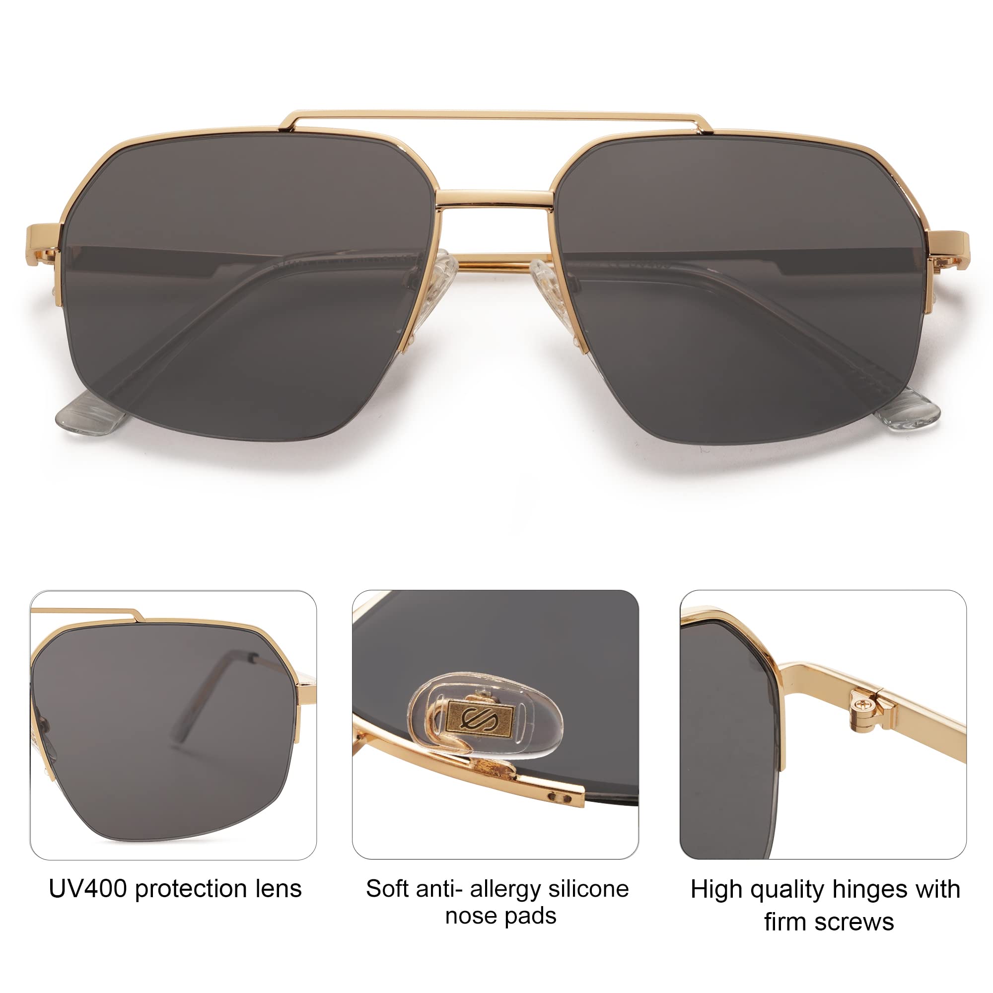 SOJOS Trendy Aviator Sunglasses Mens Womens Retro Double Bridge Metal Frame Semi-Rimless Shades Lentes De Sol Para Mujer SJ1191 Gold