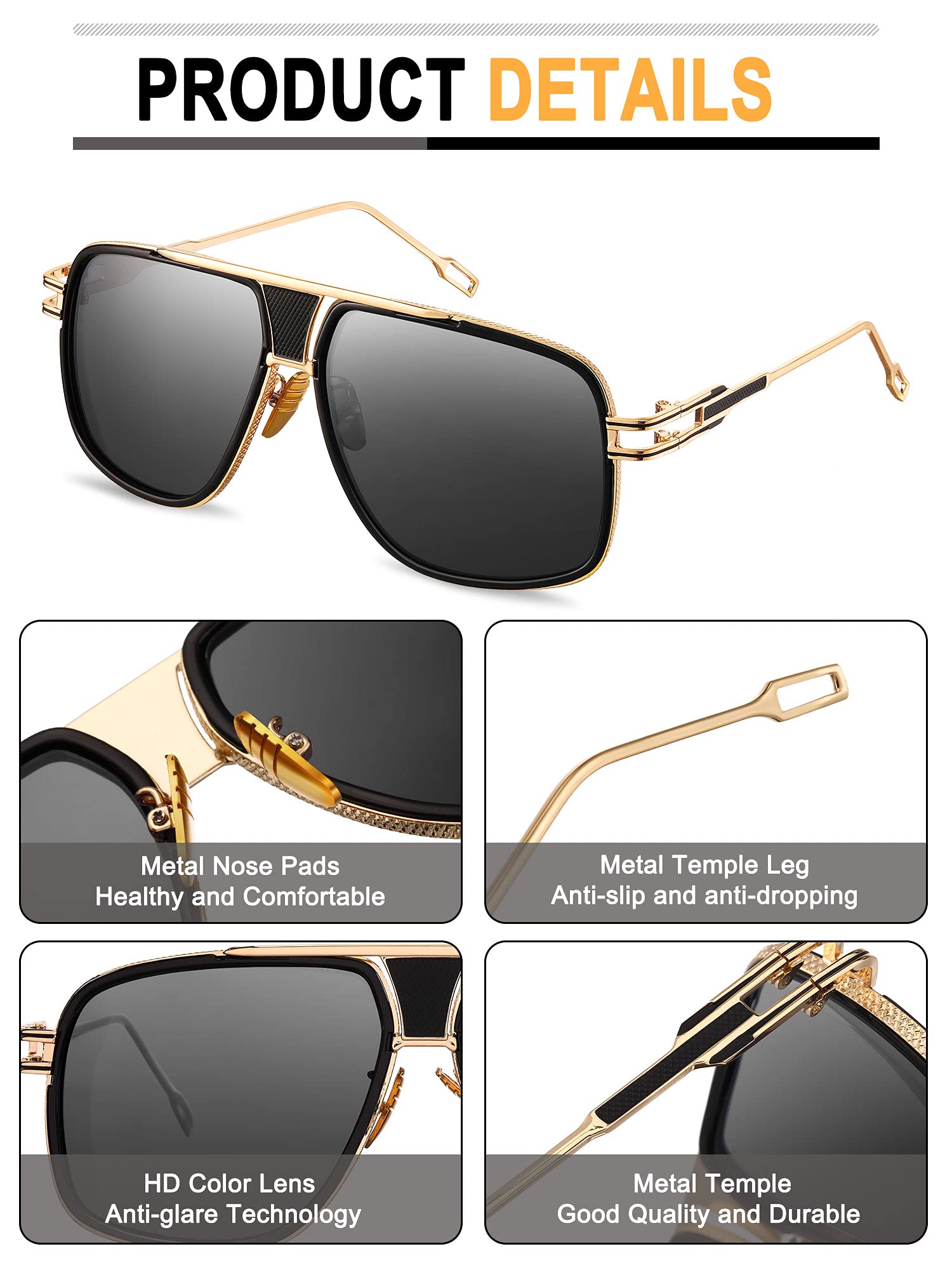 Frienda 3 Pairs Sunglasses for Men Retro Men Shades Glasses Fashion Metal Gold Frame Oversized Sun Glasses Designer